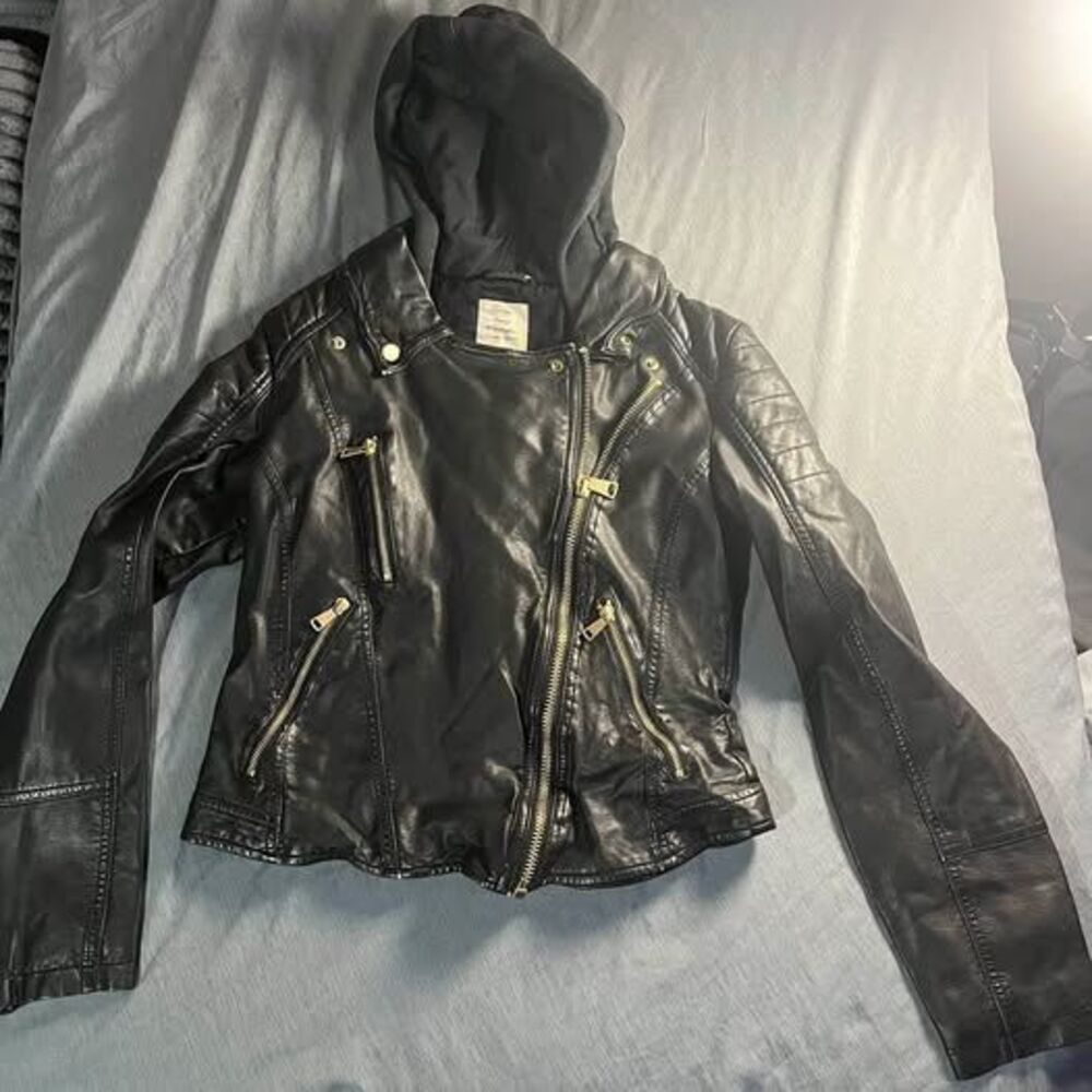 Free People We The Free Black Vegan Hooded Moto Jacket Size S gold hardware